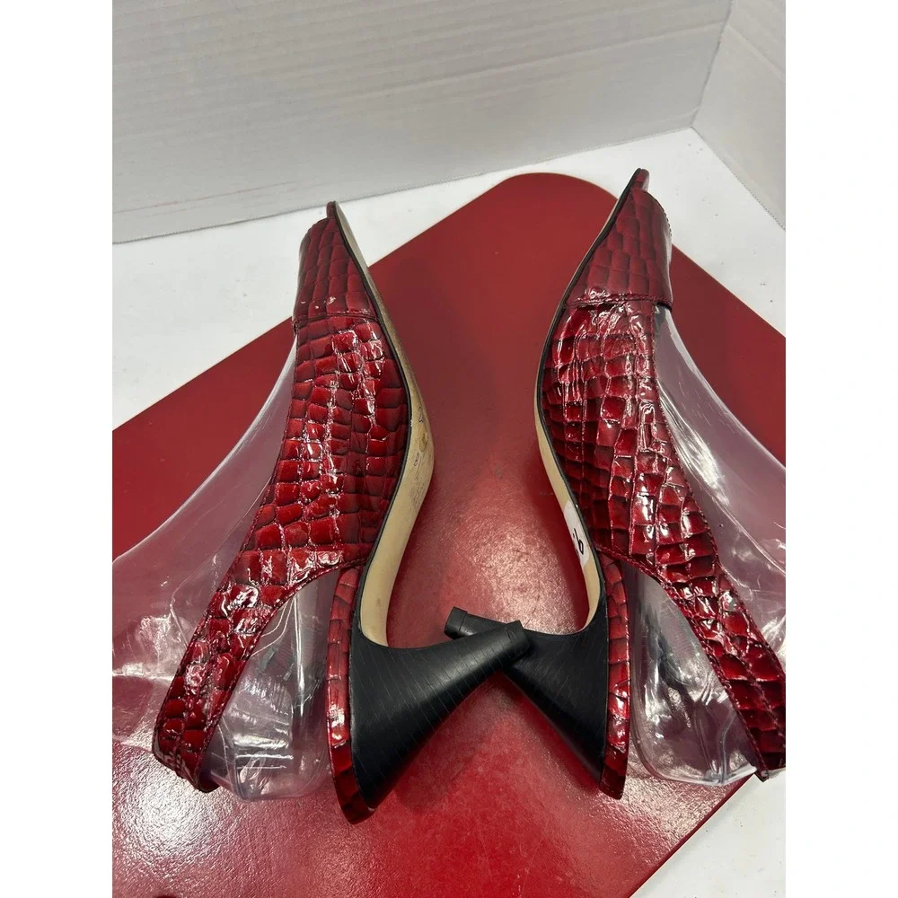 Alex Marie Croc Embossed Slingback Heels 9M Red Peep Kitten Heel Office Siren
